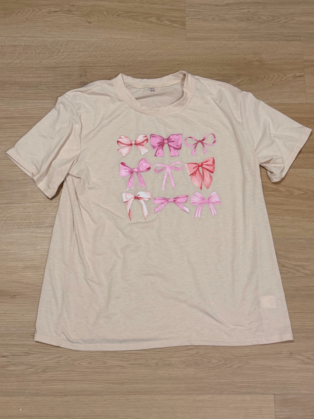 Beige Tee with Pink Bow Graphic